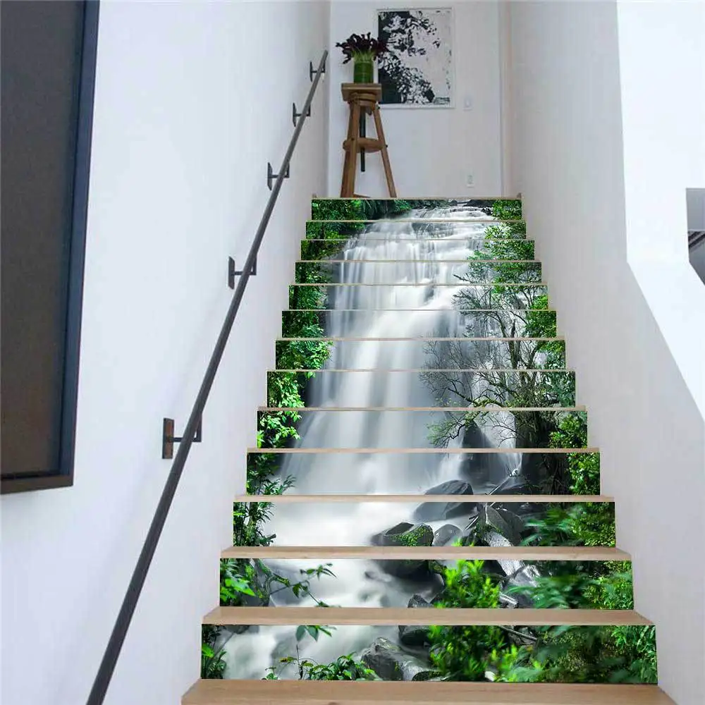 

Newest Fresh Tree 3D Wallpaper Living Room Wall Paper Sticker Stairway Sticker DIY Sticker 13pcs Set Green Tree Spring Waterfall