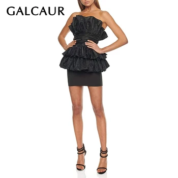 

GALCAUR Black Sexy Party Two Piece Set For Women Strapless Ruffle Tops High Waist Mini Skirts Female Suits 2020 Spring Fashion
