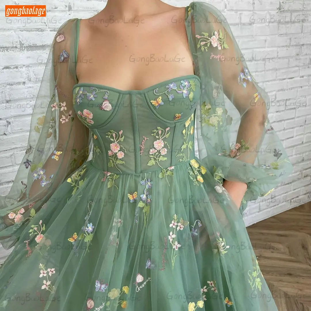 plus size prom & dance dresses Sage Green Prom Gowns Long Puff Sleeves 2021 Vestidos De Graduación Women Party Gowns Customized Платье Для Свадебной Вечеринки ball gown prom dresses