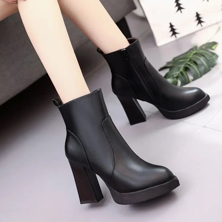 

2017 Autumn And Winter New Style Europe And America High-Heel nv pi xue Side Zipper Pointed High Heel Martin Boots Low-Top Women