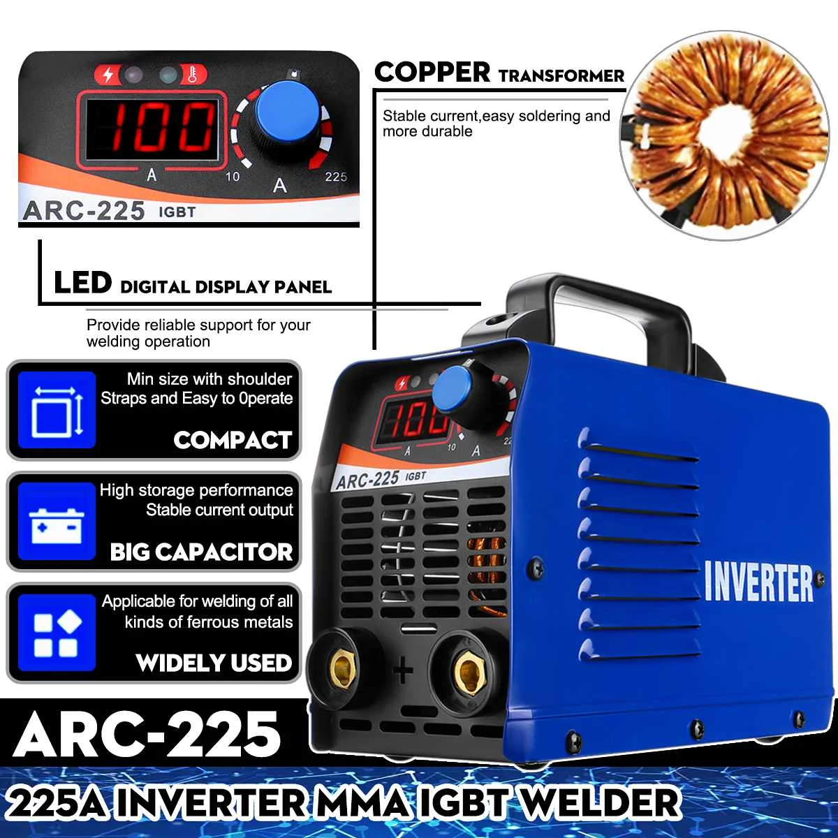 

225A Welder ARC-225 LCD Portable ARC/MMA Stick Welding Inverter Machine IGBT
