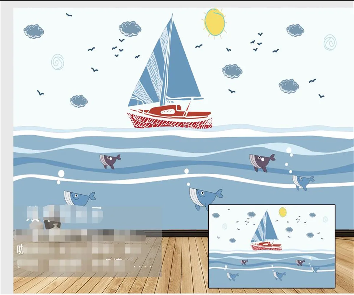 

Пользовательские Мультяшные обои роспись Ручная роспись Парусник рыба мультфильм фон для детской комнаты Настенные Украшения 3d обои