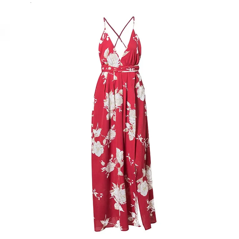 Модные красивые летние Для женщин Boho красный Цветочный принт вечерние сексуальное платье с глубоким v-образным вырезом Разделение длинное платье без рукавов с открытой спиной пляжное платье