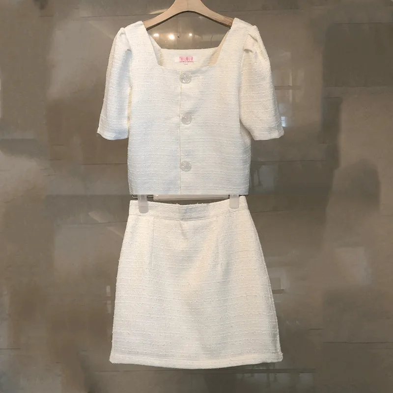 

2020 Summer Dress Socialite Small Xiangfeng Suit Short Sleeve Top Short Money + Gao Waist Short Skirt Two-piece Set