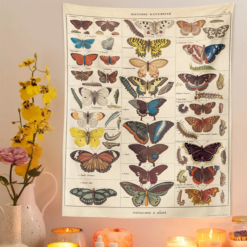 Tapestry Decorations Butterfly Illustration Chart Tapestry Vintage Aesthetic Colorful Wall Hanging