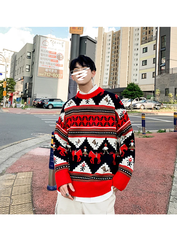Winter Men's Red Blue Yellow Color Loose Pullover Round Neck Printing Knitting Keep Warm Man Sweater High-quality Coat M-2XL