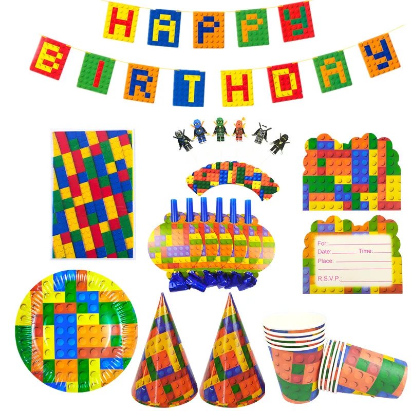 Legoing тема детский день рождения одноразовая посуда бумажная баннер на тарелке