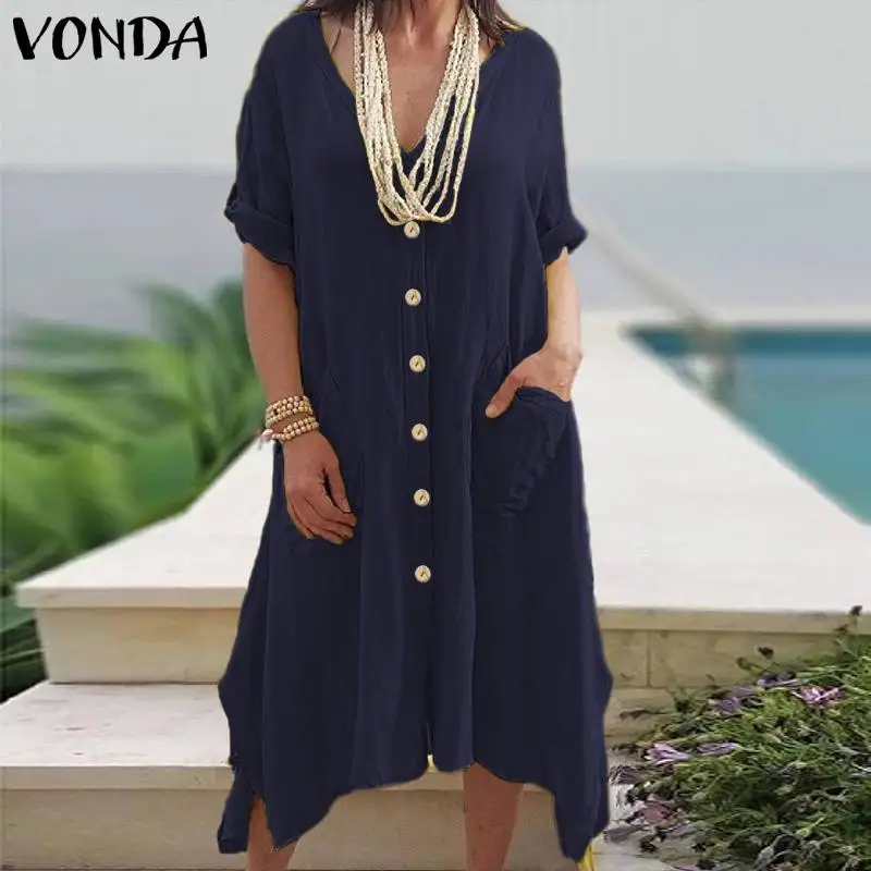 VONDA, женское платье, винтажное, сексуальное, v-образный вырез, пуговицы, длинный рукав, платье, весна-лето, сарафан, Повседневное платье, вечерние платья размера плюс