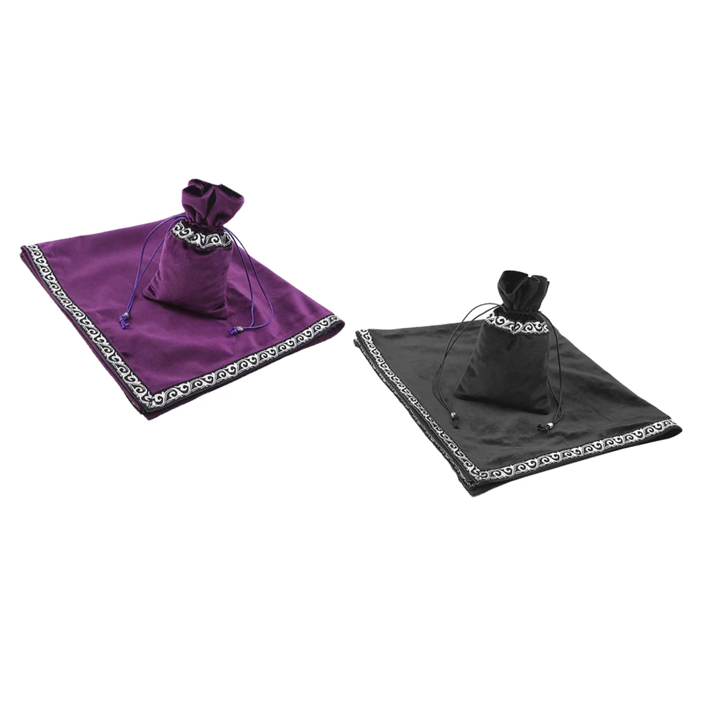 2Pcs 26 inch Altar Tarot Cloth Tablecloth Divination Wicca Velvet Tapestry with Tarot Cards Runes Bag, Purple+Black