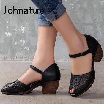 

Johnature Summer 2020 New Sandals Genuine Leather Women Shoes Retro Casual Sewing Hollow Handmade Sewing Concise Ladies Sandals