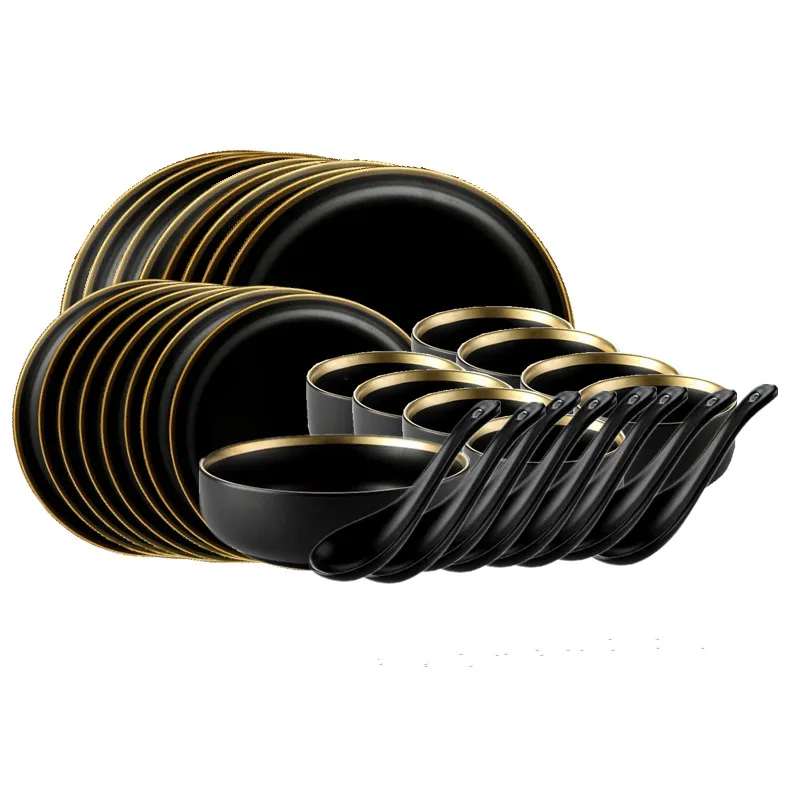 Ceramic Kitchen Plates Sets Gold Inlay Dinner Service Steak Plates Bowls Cake Salad Dish Serving Tray Dessert Tableware