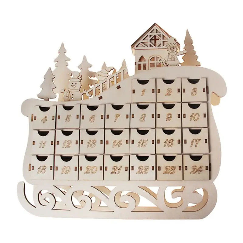 

New Sleigh Wooden Advent Calendar Countdown Christmas Decor 24 Drawer with LED Light