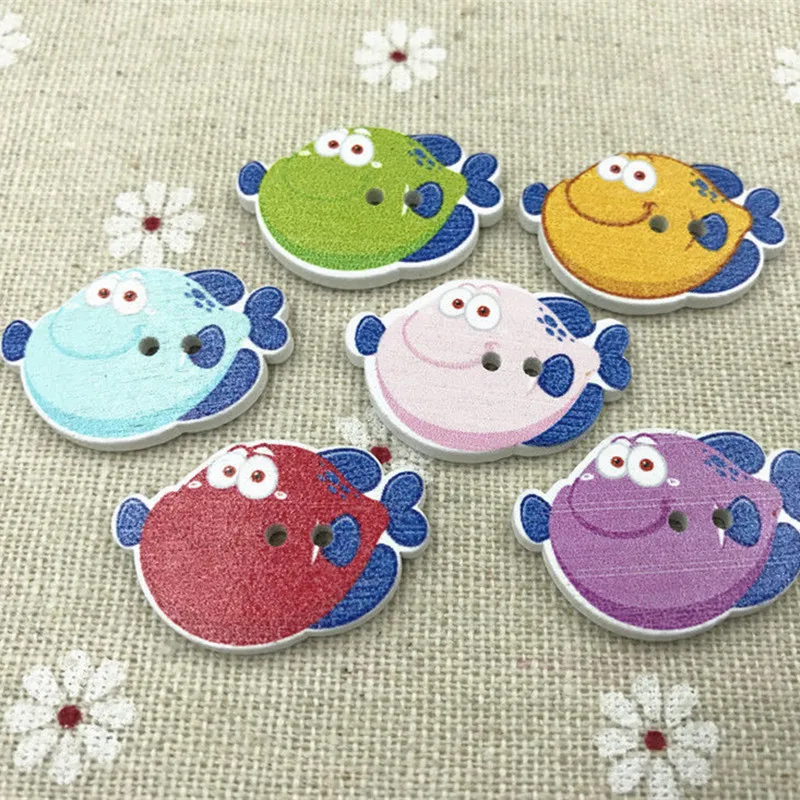 DIY 100 шт. деревянные головоломки, мультфильм Smile Fish кнопки для шитья скрапбукинга Украшение 28 мм