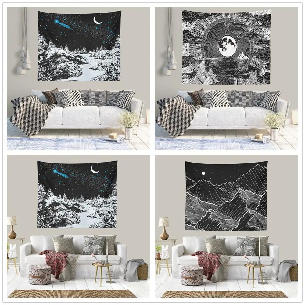 

Factory Outlet Fashion Simple Abstract Black and White Stripes Mountain Peak Forest Printed Home Decor Tapestry 1 Piece