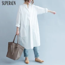 SuperAen Осень корейский стиль женские рубашки хлопок Дикие повседневные блузки женские с длинным рукавом сплошной цвет Женская одежда