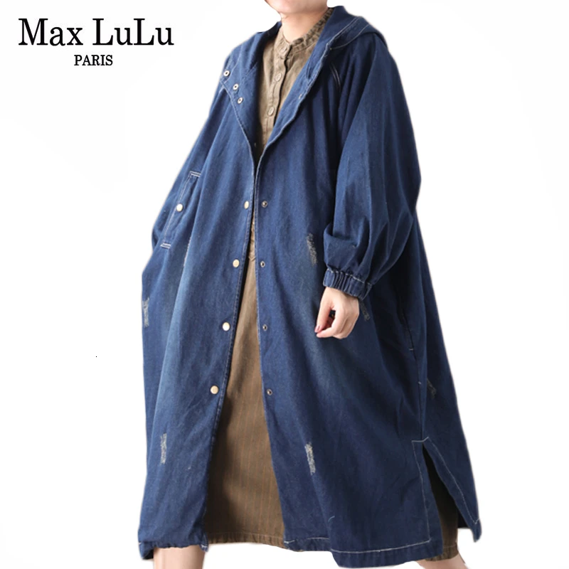 Женский джинсовый Тренч с капюшоном Max LuLu длинный тренчкот в готическом стиле