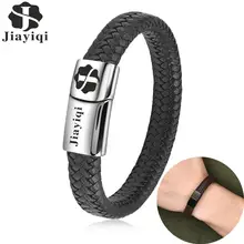 Jiayiqi Punk Men's Bracelet Customize Name Logo Image Stainless Steel Magnetic Clasp Braided Leather Bangle Personalized Jewelry