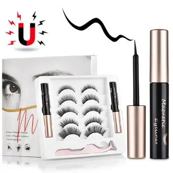 

5 Pair Magnetic Eyelashes With Magnet Liquid Eyeliner Tweezer Set Waterproof Long Lasting Natural Mink False Eyelashes Extension