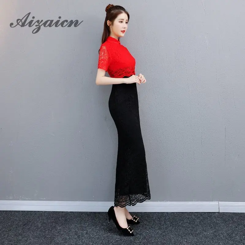 Кружева Винтаж Cheongsam красный Русалка свадебное платье Для женщин длинные сращивания Мода Qipao Традиционный китайский невесты Oriental воротники