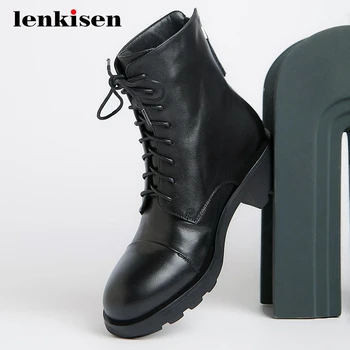 

Lenkisen new motorcycle boots genuine leather cross-tied round toe thick med heel zipper handsome coolest maiden ankle boots L38