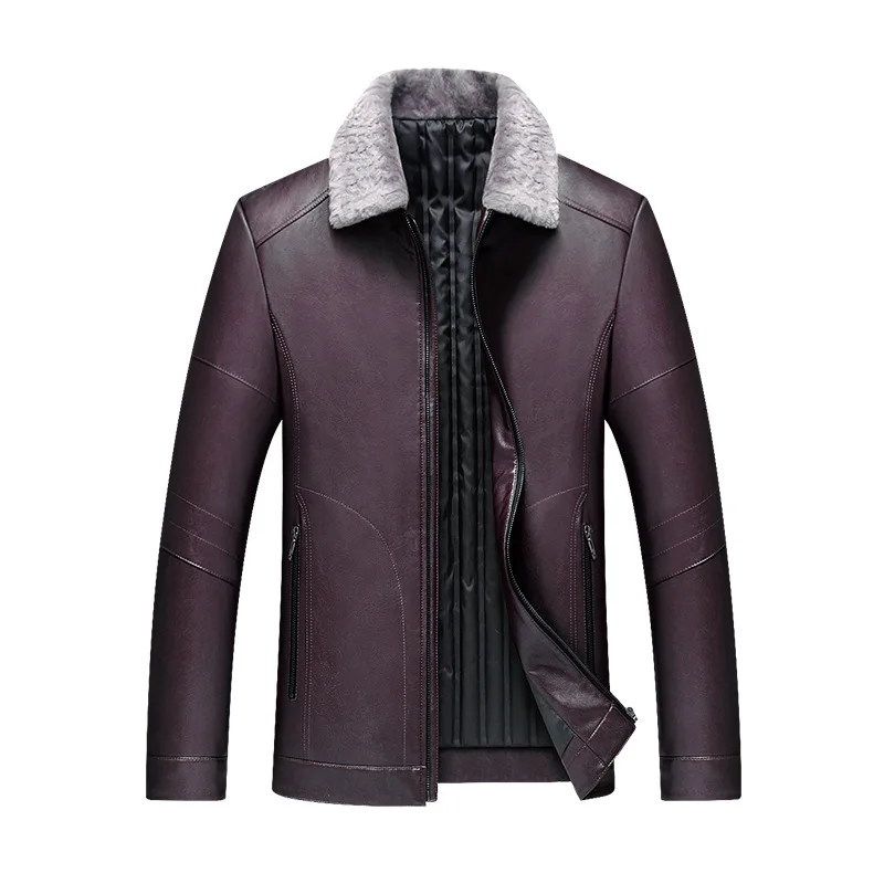 

Mens Winter Leather Coats Turn Fur Collar 90% Duck Jackets Men Down Parkas Outwear Male PU Overcoat JK-780