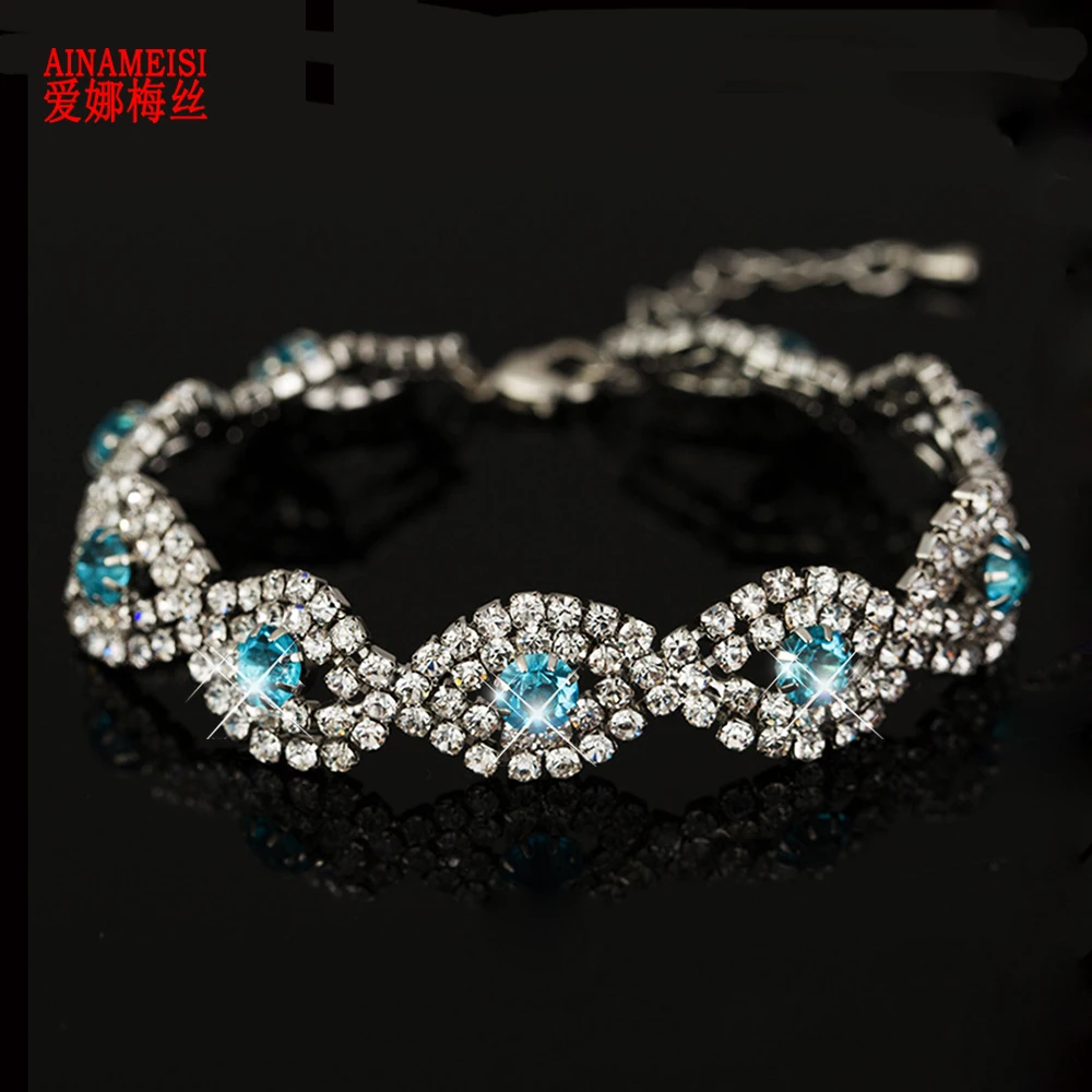 AINAMEISI, Роскошные браслеты с голубыми кристаллами для женщин, серебряный браслет с подвесками, свадебные ювелирные изделия, стразы, аксессуары
