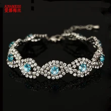 AINAMEISI, Роскошные браслеты с голубыми кристаллами для женщин, серебряный браслет с подвесками, свадебные ювелирные изделия, стразы, аксессуары