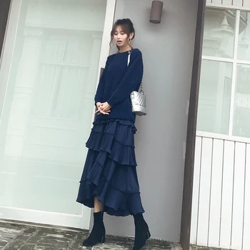 

Women 2 Pieces Dresses Sets 2019 Autumn Winter Newblue Knitted Sweaters + Ruffles Lady Elegant Sexy Office Club Party Vestidos