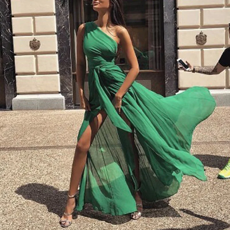

Oblique collar Maxi Dress Chiifon Femme Vestidos High Split Soft Long Soild Ankle Length Maxi Fashion