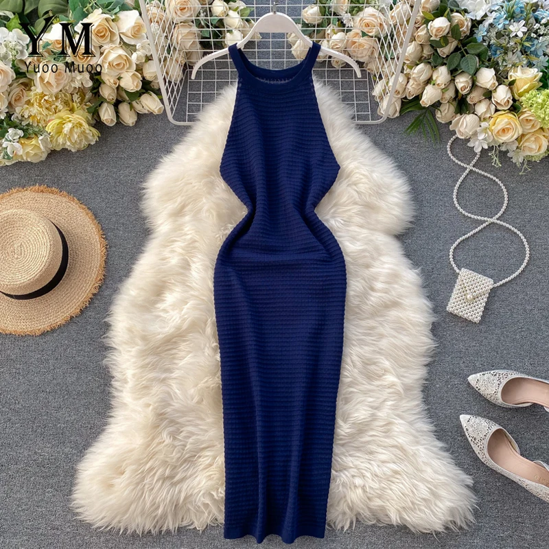 YuooMuoo Summer Women Dress Elegant Navy Blue Halter Midi Party Slim Sleeveless Knitted Bodycon Female Robe Femme | Женская одежда