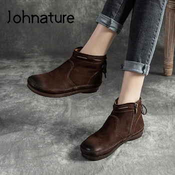 

Johnature Retro Women Shoes 2020 New Winter Platform Boots Genuine Leather Zip Round Toe Flat With Sewing Lwisure Ankle Boots