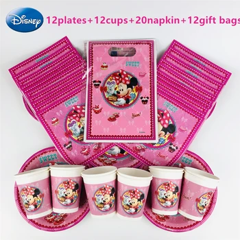 

56pPcs Disney Minnie Mouse Disposable Tableware Kids Birthday Party Decoration Paper Plate+Cup+Napkin+Candy Gift Bags Supplies