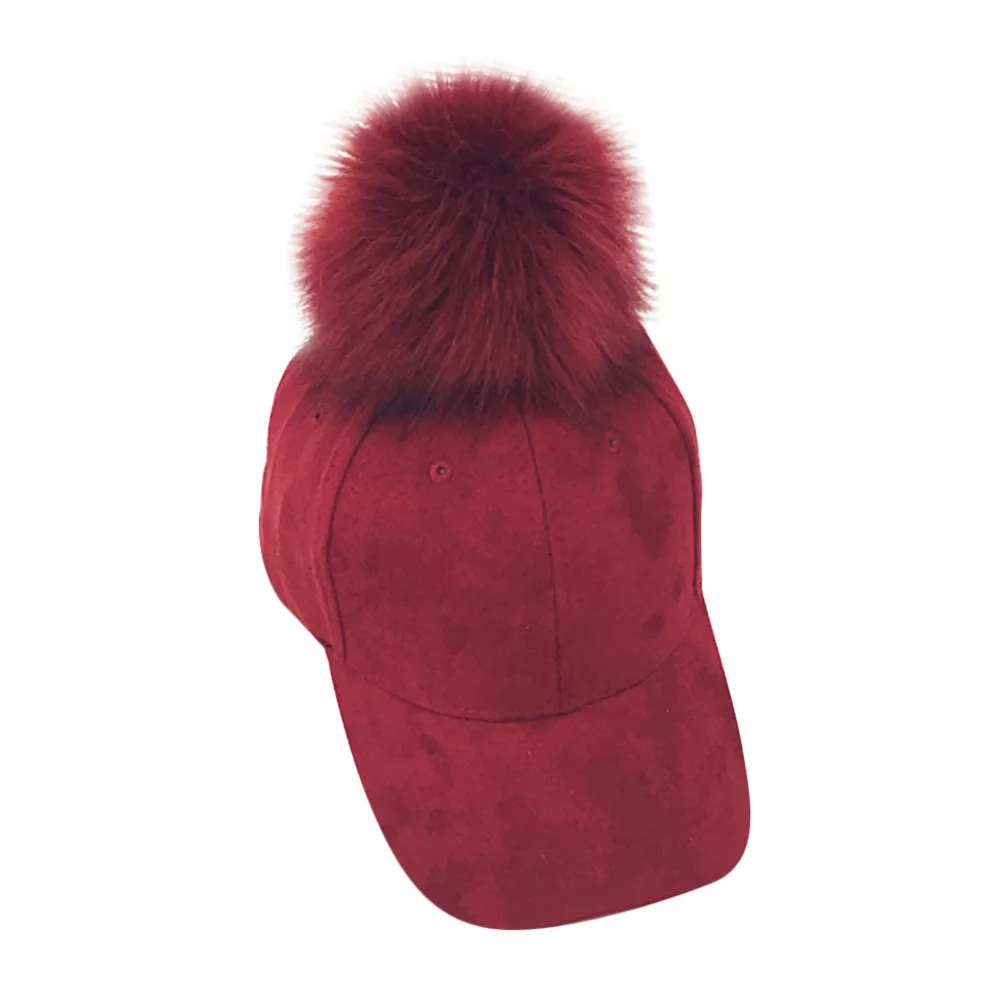 Wine Red Fashion WomenBig hair ball suede baseball cap female curved capWinter Hats M0802 - Цвет: Wine Red