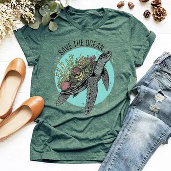 

Lugentolo Women's T-shirt Summer Save The Ocean Lettered Turtle Printing Tops O-neck Casual Short-Sleeved Female T-shirts