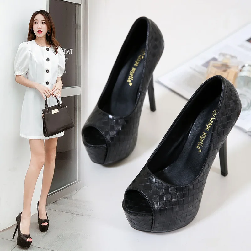 

2019 Spring And Summer Ultra-High Heel Shoes Waterproof Platform Sexy Thin Heeled Business Black Fish Mouth Shoes Women's