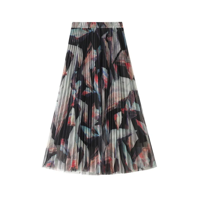

Vintage Printed Mesh Tulle A Line Skirts Womens 2020 Autumn New Elastic High Waist Korean Style Slim Pleated Midi Skirt Faldas