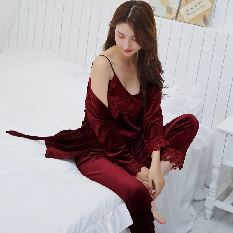 Сексуальный женский халат, комплект, кружевной Халат+ Ночное платье, 3 предмета, одежда для сна, Женский комплект для сна, золотой бархат, Femme Robe - Цвет: red