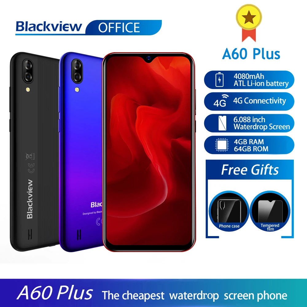 Blackview A60 Plus смартфон 4 ядра Android 10 4080 мАч мобильный телефон Гб + 64 ГБ в виде капли