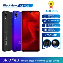 Blackview a60 plus smartphone quad core android 10 4080mah celular 4gb + 64gb waterdrop tela 8mp camere duplo 4g telefone móvel