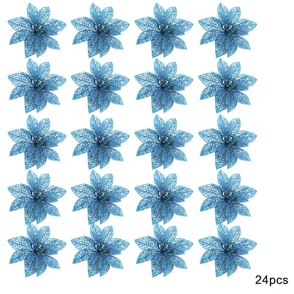 12/24Pcs Glitter Christmas Tree Flower Ornaments Xmas Party Decor Supplies DC156
