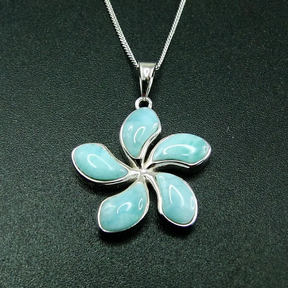 925 Sterling Silver Hawaiian Jewelry Natural Larimar 25mm Plumeria Flower Pendant Necklace For Gift |
