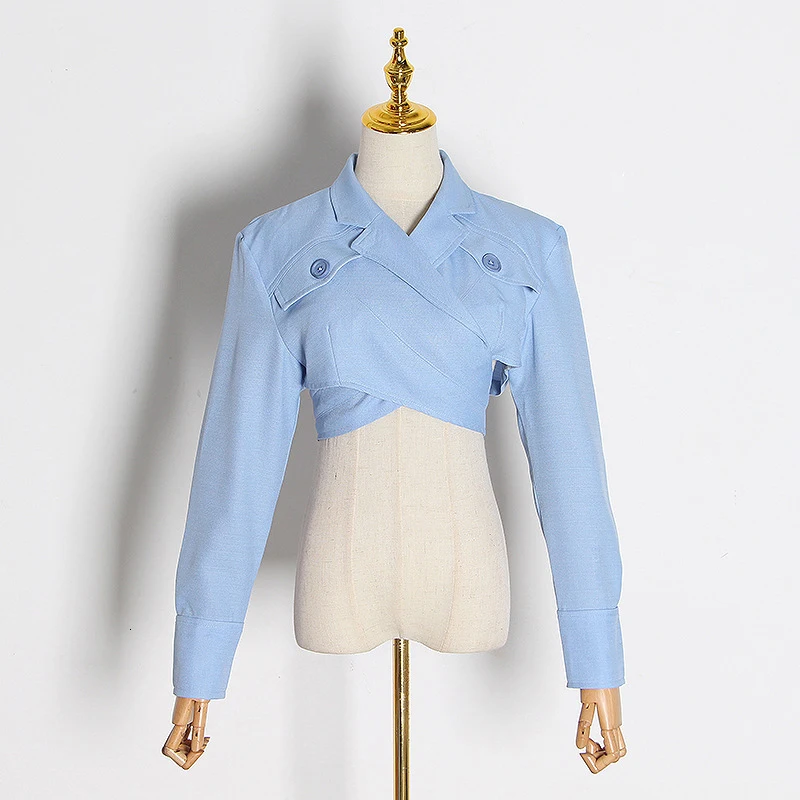 Camisas para as Mulheres com Decote em v Oco para Fora Galcaur Azul Manga Comprida Designer Curto Sexy Vintage Blusas Femininas 2021 Primavera Roupas Maré 3 decote em v manga comprida oco para