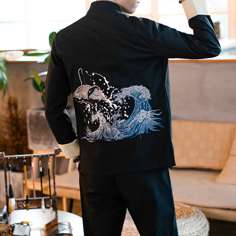 Classic Chinese Style Mens Sets High Quality Stand Collar Embroidery Men Jacket and Pants Size S M