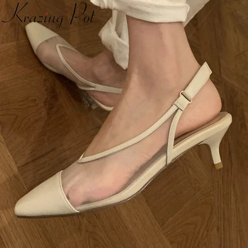 

Krazing pot 2020 hot sale full grain leather square toe med heel air mesh breathable office lady daily wear sandals women L99
