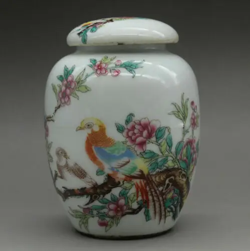 

Chinese old porcelain Lid jar Pastel flower and bird painting porcelain pot Stor