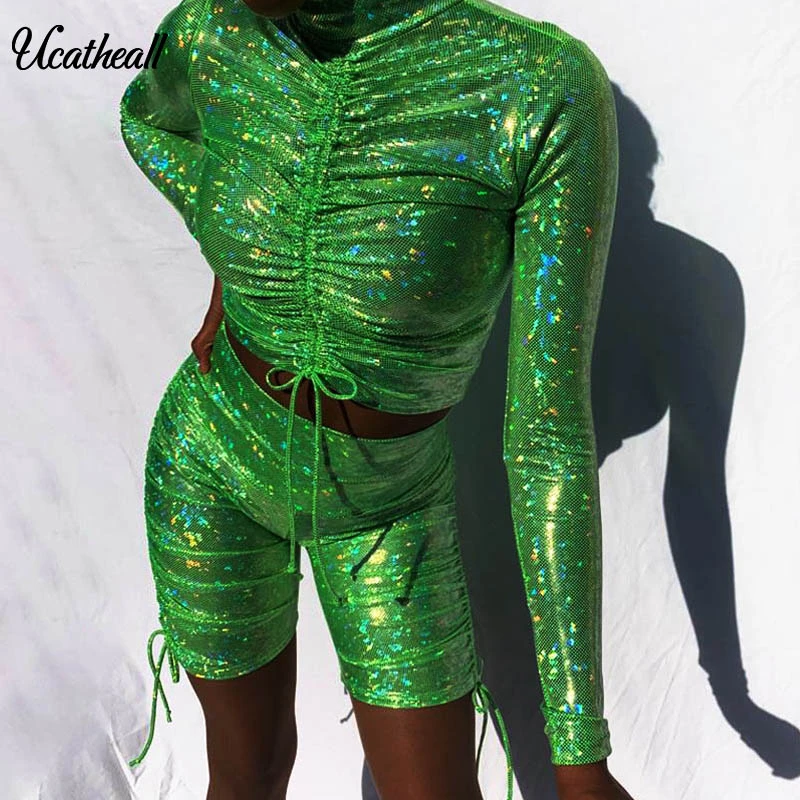 

Shiny Sequin Women Sexy Club Two Pieces Suit High Neck Drawstring Bodycon Party Nightclub Biker Shorts Set 2 Piece