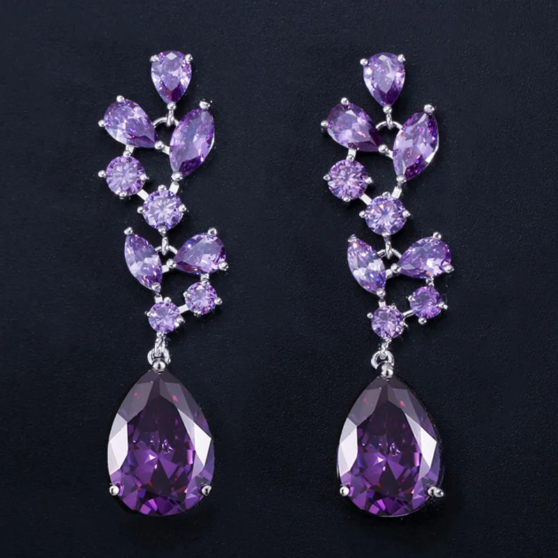 Purple BeaQueen Классическая большая капля воды кубический цирконий камень висячая длинная Сережка в виде веера Свадебная вечеринка женские ювелирные украшения E317 - Окраска металла: Purple