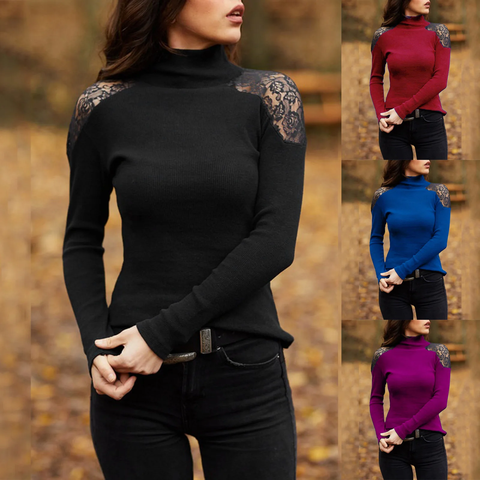 

Lugentolo Slim Fit Turtleneck Sweater Women Lace Long Sleeve Stitching Fall Winter Streetwear Sexy Knitted Tops Women