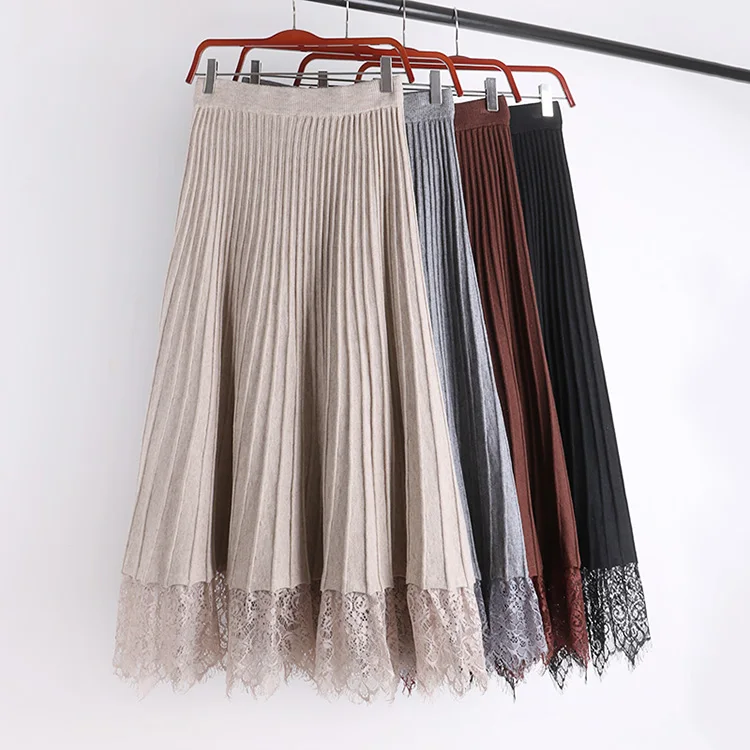 Хаки серый кофе черный эластичный с высокой талией Миди плиссированная линия теплая трикотажная юбка с кружевом для женщин женские юбки saia saias