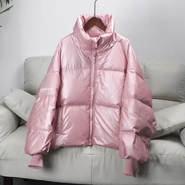 pink Женская Глянцевая пуховая парка, зимнее пуховое пальто для женщин, толстый пуховик, свободное белое пуховое пальто, женская водонепроницаемая верхняя одежда - Цвет: pink